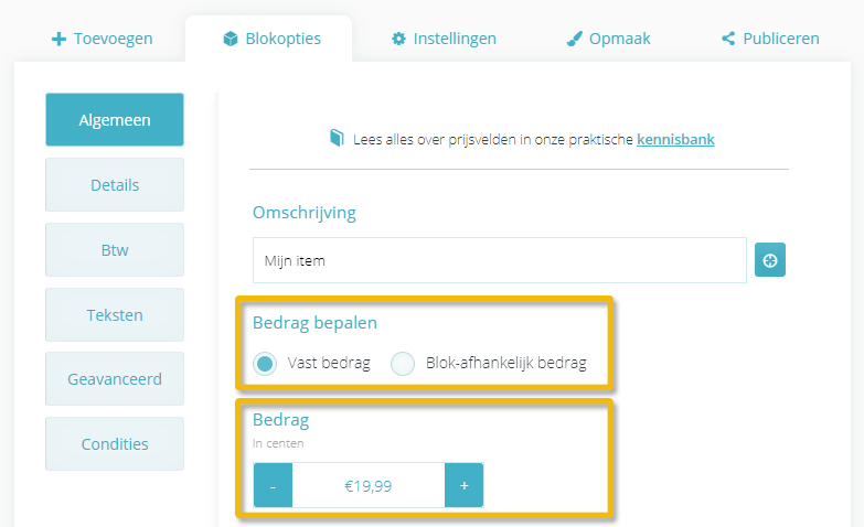 Vaste prijs in het Bedragen-blok