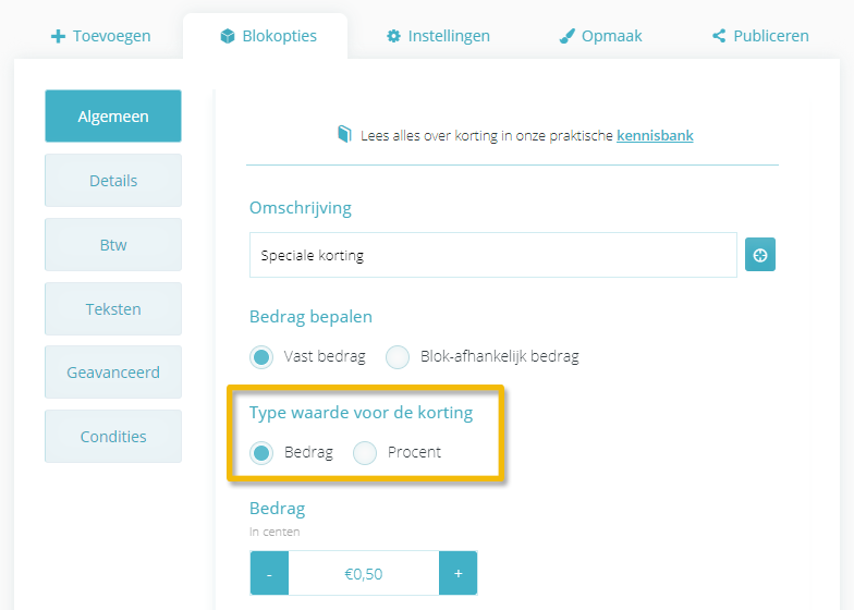 Kortingswaarde type, bedrag of percentage