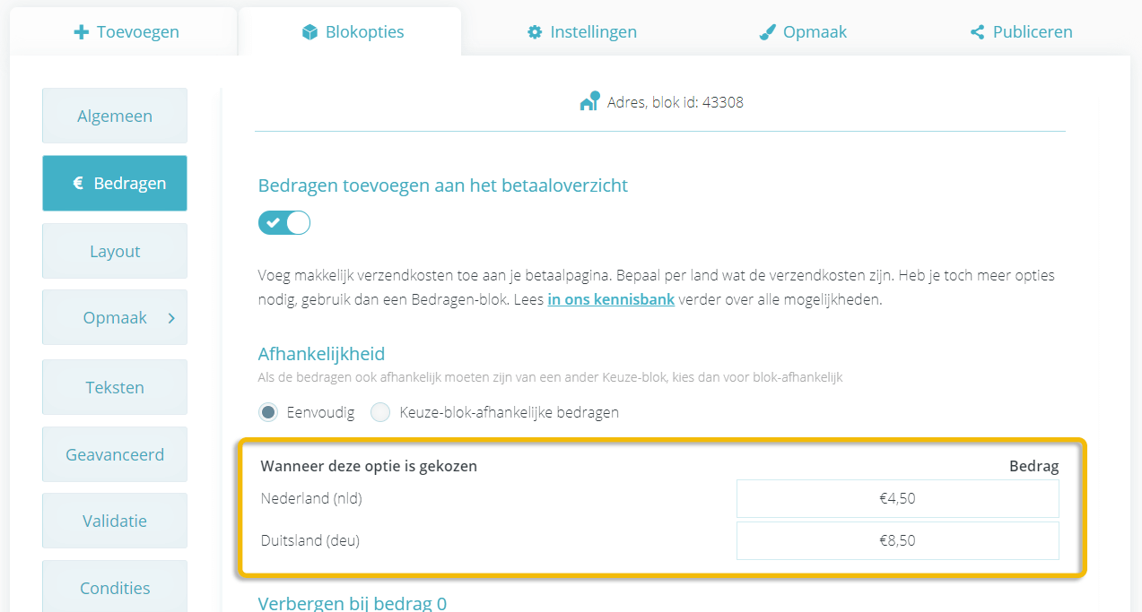 Verzendkosten per land invullen