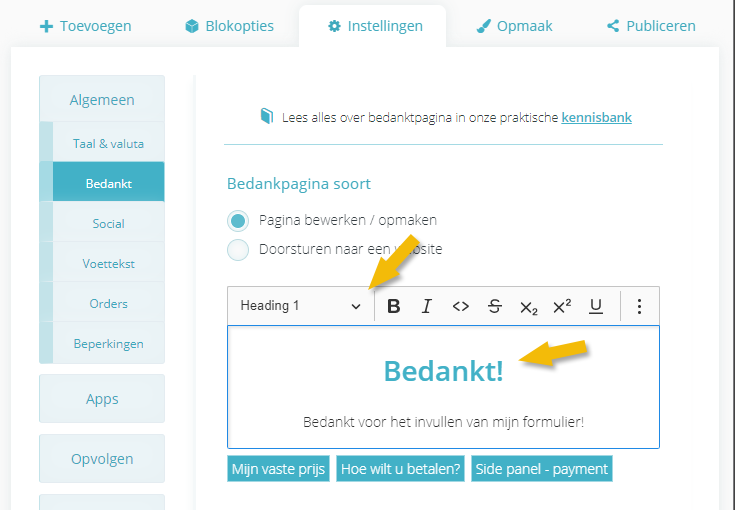 Bedanktpagina opmaken met H1 header tags