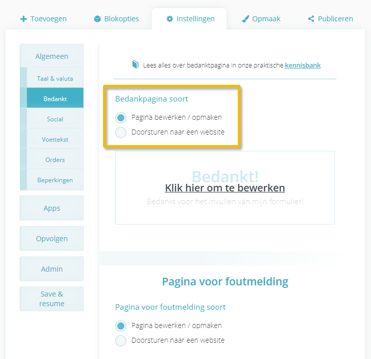 Doorsturen naar een eigen bedanktpagina