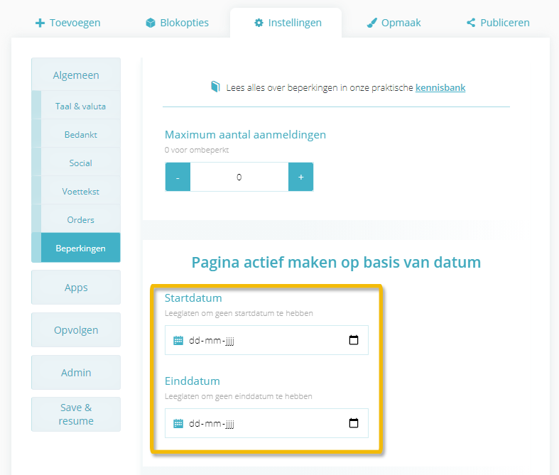 Begin- en einddatum instellen voor je pagina
