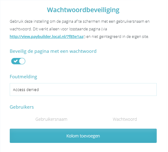 Gebruikersnaam- en wachtwoordbeveiliging van je Peggy Pay betaal pagina
