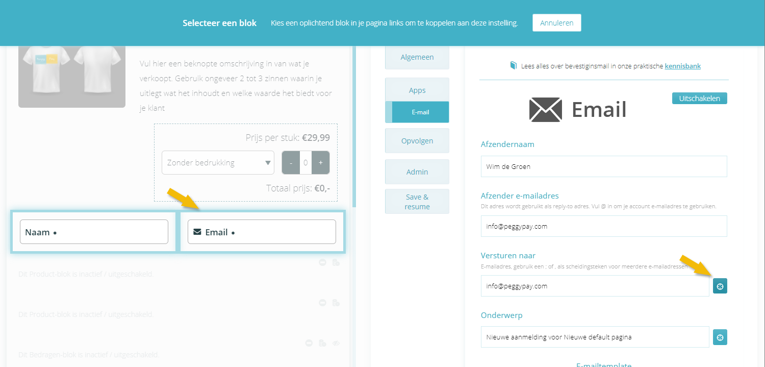 Het e-mail adres koppelen met het Tekstblok
