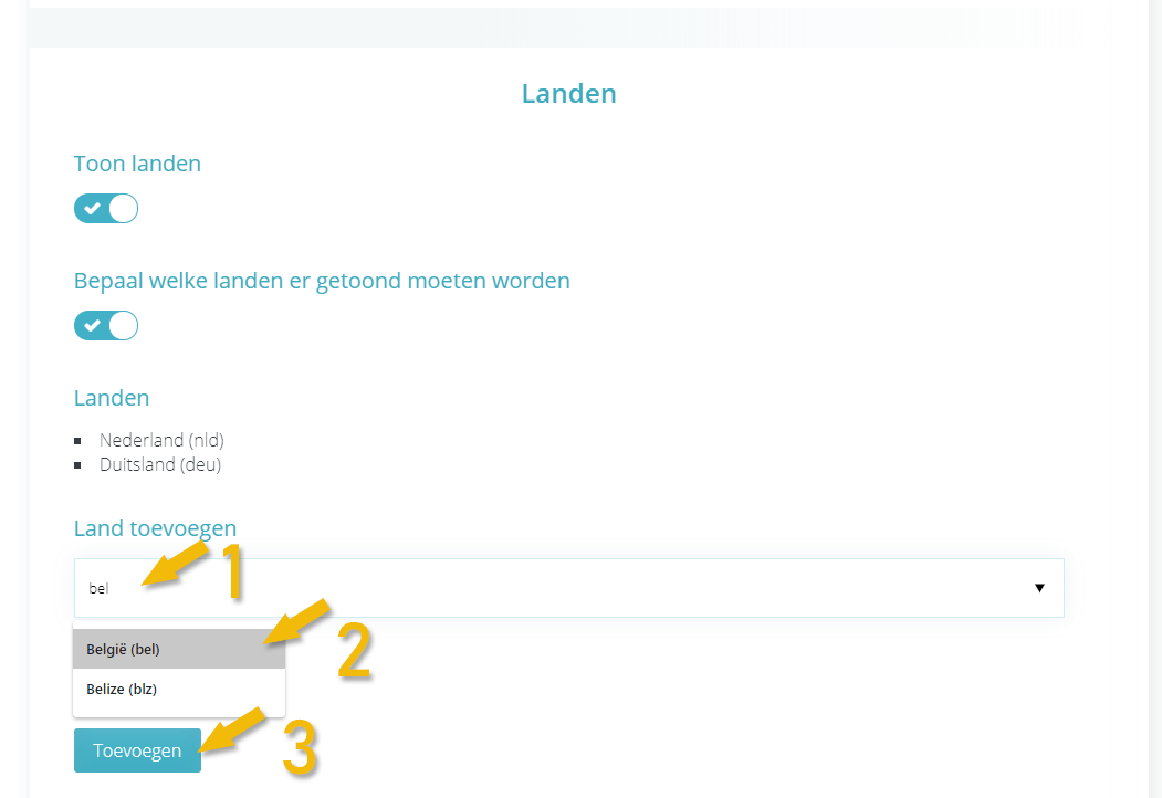 Landen kiezen om te tonen